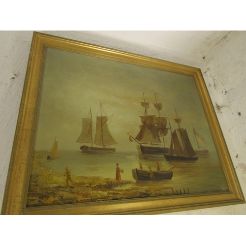 1186 - Two Paintings Marine School and Riverside Scene Mountains Beyond Largest Approximately 14 Inches Hig... 