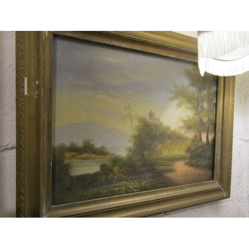 1186 - Two Paintings Marine School and Riverside Scene Mountains Beyond Largest Approximately 14 Inches Hig... 