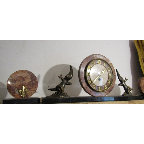 1196 - Art Deco Clock Suite Clock with Seabird Adornment and Two Other Side Appliques Three Pieces in Lot C... 