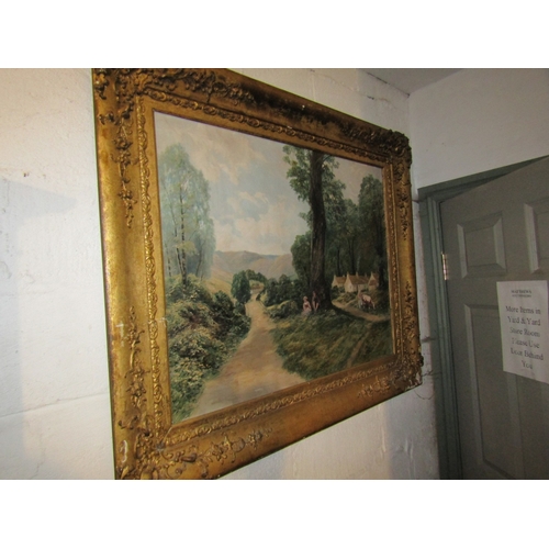 1201 - Antique French School Oil on Canvas Woodland Road with Figures Mountains Beyond Oil on Canvas Approx... 