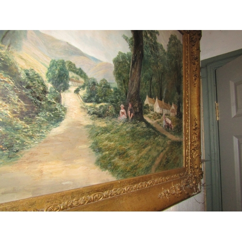 1201 - Antique French School Oil on Canvas Woodland Road with Figures Mountains Beyond Oil on Canvas Approx... 