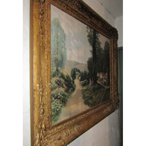 1201 - Antique French School Oil on Canvas Woodland Road with Figures Mountains Beyond Oil on Canvas Approx... 