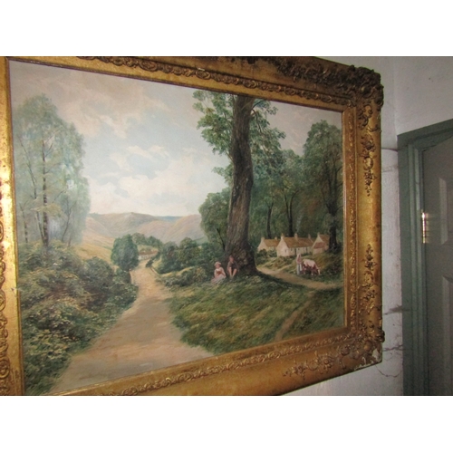 1201 - Antique French School Oil on Canvas Woodland Road with Figures Mountains Beyond Oil on Canvas Approx... 