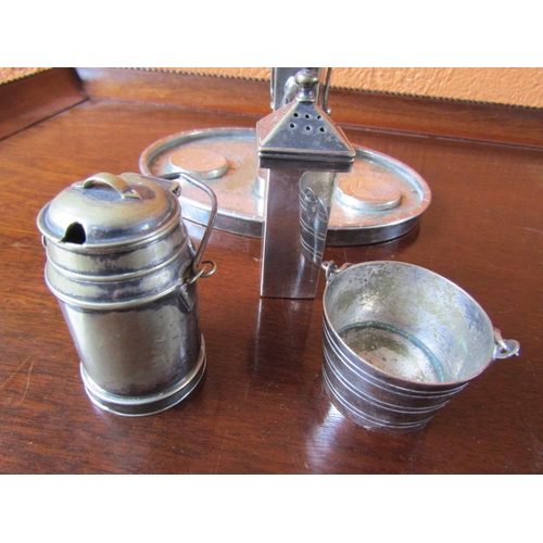 1205 - Novelty Silver Plated Table Cruet Set Village Pump with Milk Pale and Bucket Central Salt Cellar Con... 