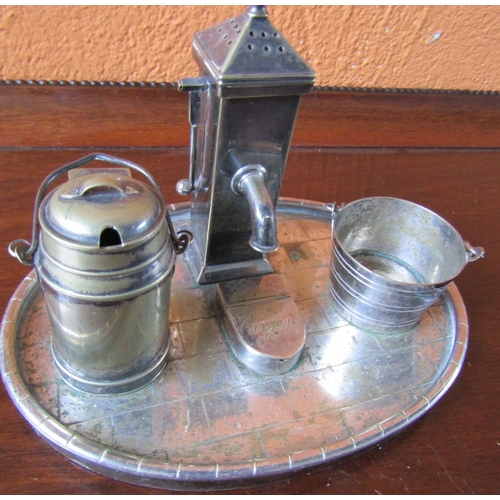 1205 - Novelty Silver Plated Table Cruet Set Village Pump with Milk Pale and Bucket Central Salt Cellar Con... 