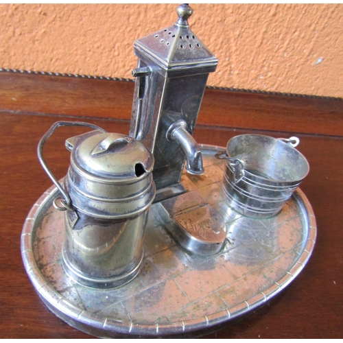 1205 - Novelty Silver Plated Table Cruet Set Village Pump with Milk Pale and Bucket Central Salt Cellar Con... 