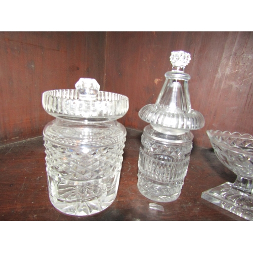 1217 - Preserve Jar Cut Crystal and Another with Salt Boat Cut Crystal Slight Damage to Rim Tallest Approxi... 