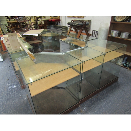 1219 - Complete Set Vintage Jewellery Shop Glass Cabinets Burr Walnut Bases on Wheels Approximately 12 Sepa... 