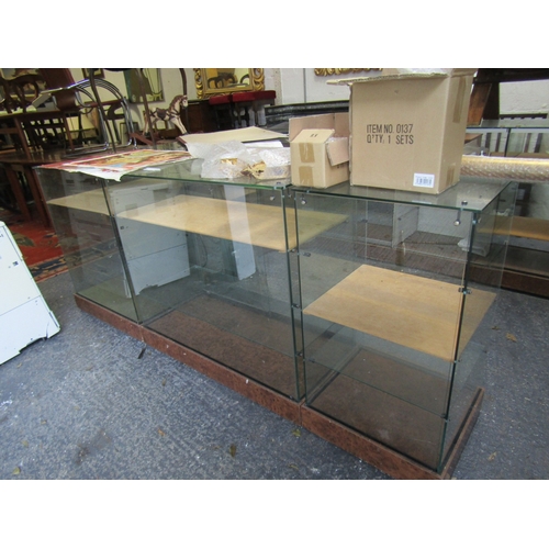 1219 - Complete Set Vintage Jewellery Shop Glass Cabinets Burr Walnut Bases on Wheels Approximately 12 Sepa... 