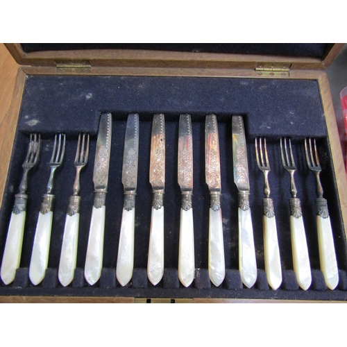 1229 - Canteen of Mother of Pearl Silver Collared Knives and Forks Complete