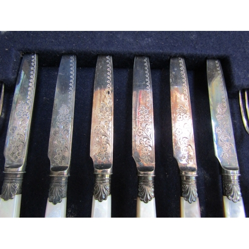 1229 - Canteen of Mother of Pearl Silver Collared Knives and Forks Complete