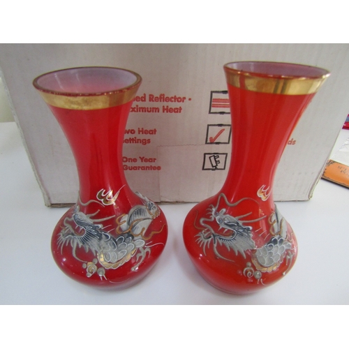 1241 - Pair of Red Ground Chinese Vases Vintage Shaped Forms Hand Painted Decoration Flowing Dragons Each A... 