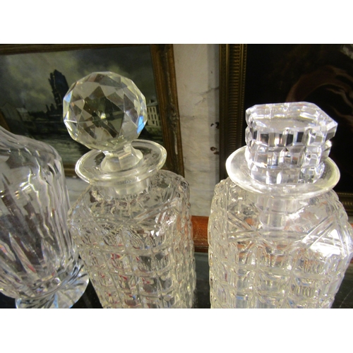 1246 - Three Irish Cut Crystal Decanters Stoppers Present Tallest Approximately 12 Inches High