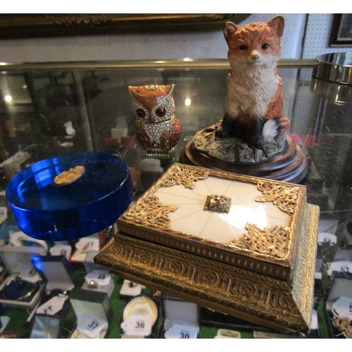 1268 - Ormolu Mounted Ring Box with French Blue Glass Paperweight Country Life Figure of Fox and Another Ow... 