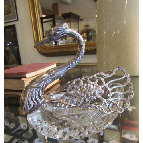 1271 - Silver Mounted Cut Crystal Table Cruet Swan Motif with Retractable Wings Attractively Detailed Appro... 