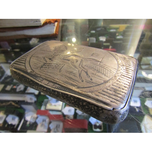 1272 - Georgian Silver Table Box Steeple Chase Engraved Cover Rectangular Form Hinged Top Approximately 4 I... 