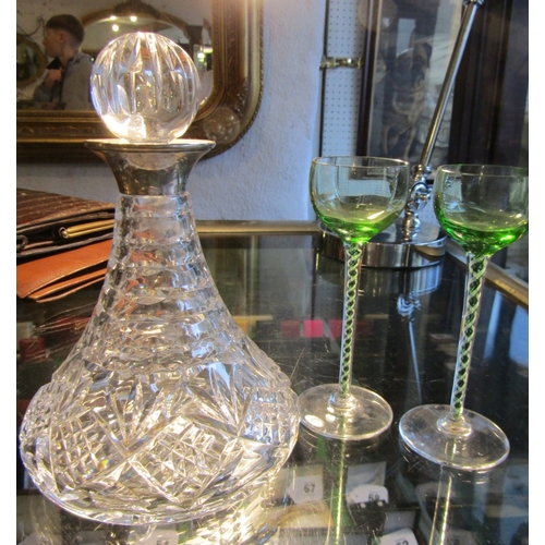 1287 - Silver Collar Irish Cut Crystal Ships Decanter with Two Continental Cocktail Glasses Twist Motif Ped... 