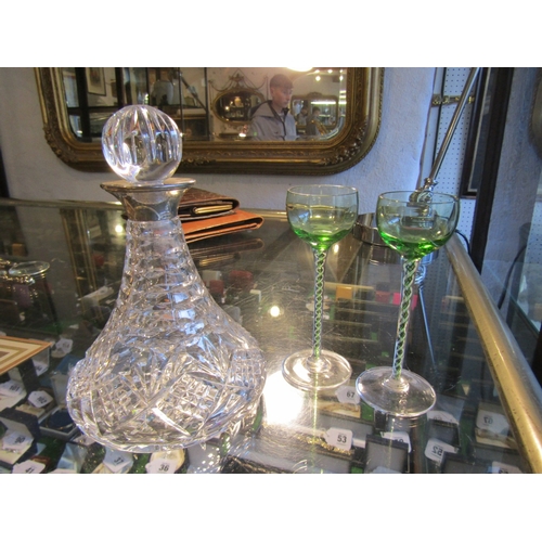 1287 - Silver Collar Irish Cut Crystal Ships Decanter with Two Continental Cocktail Glasses Twist Motif Ped... 