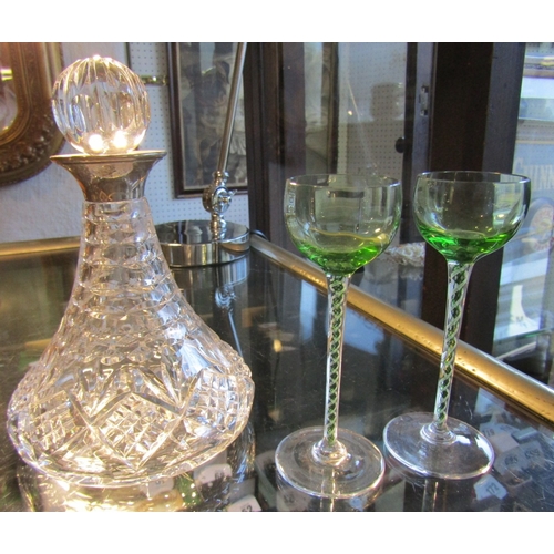 1287 - Silver Collar Irish Cut Crystal Ships Decanter with Two Continental Cocktail Glasses Twist Motif Ped... 