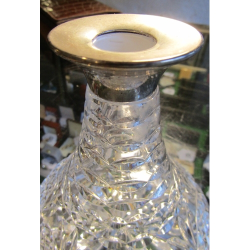 1287 - Silver Collar Irish Cut Crystal Ships Decanter with Two Continental Cocktail Glasses Twist Motif Ped... 