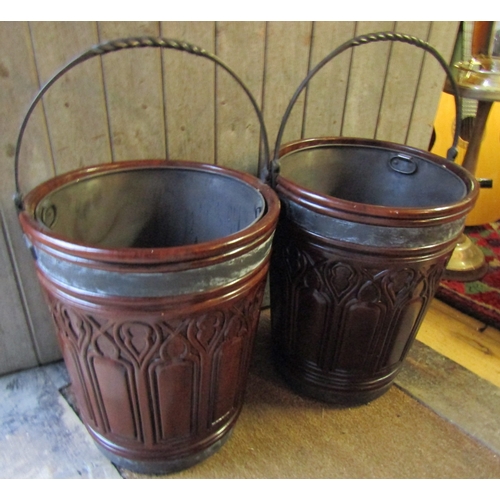 1305 - Pair of Gothic Form Mahogany Peat Buckets Swing Carry Handles Original Liners Each Approximately 15 ... 