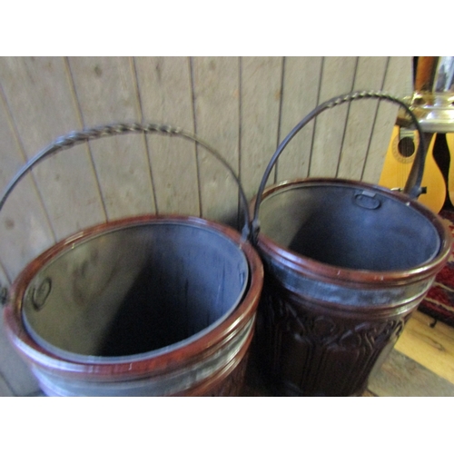 1305 - Pair of Gothic Form Mahogany Peat Buckets Swing Carry Handles Original Liners Each Approximately 15 ... 