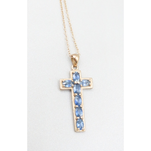 131 - Sapphire Seven Stone Set Cross Pendant Mounted in 9 Carat Yellow Gold 3cm High Set on 9 Carat Yellow... 