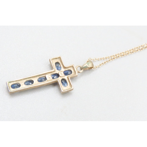 131 - Sapphire Seven Stone Set Cross Pendant Mounted in 9 Carat Yellow Gold 3cm High Set on 9 Carat Yellow... 