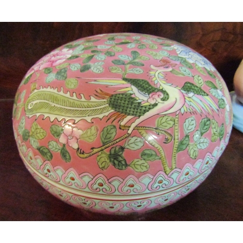 1311 - Oriental Porcelain Bowl with Cover Avian Motif Decoration Pink Ground Approximately 12 Inches Diamet... 