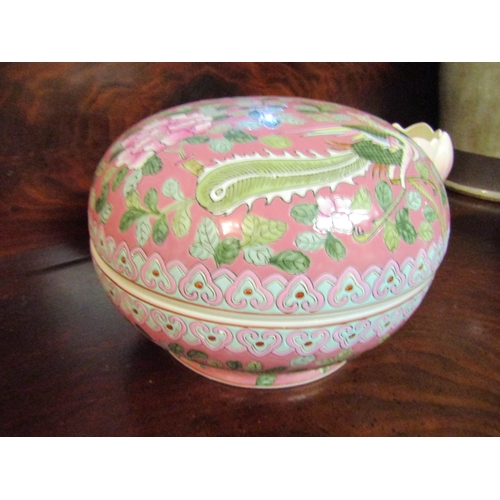 1311 - Oriental Porcelain Bowl with Cover Avian Motif Decoration Pink Ground Approximately 12 Inches Diamet... 