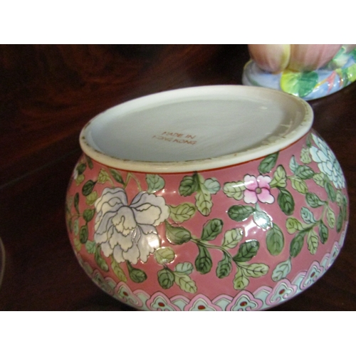 1311 - Oriental Porcelain Bowl with Cover Avian Motif Decoration Pink Ground Approximately 12 Inches Diamet... 