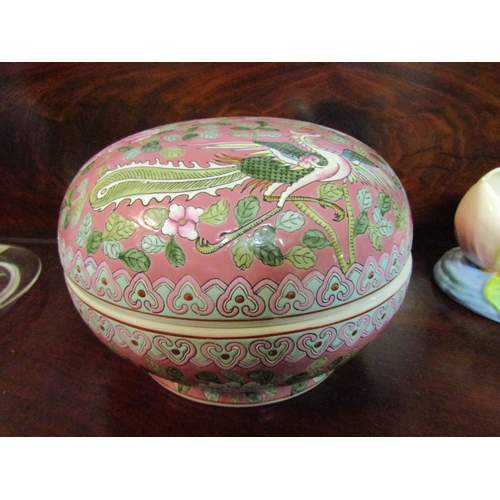 1311 - Oriental Porcelain Bowl with Cover Avian Motif Decoration Pink Ground Approximately 12 Inches Diamet... 