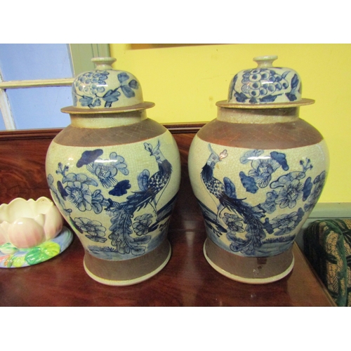 1313 - Pair of Chinese Blue and White Vases Original Covers Each Approximately 22 Inches High