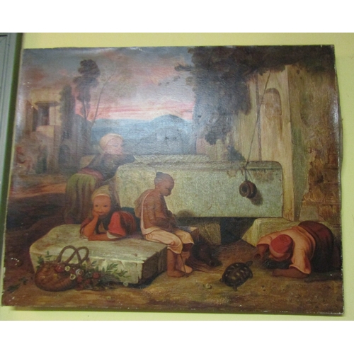 1319 - Victorian Orientalist School Boys with Turtle and Horse Trough Oil on Canvas Approximately 30 Inches... 