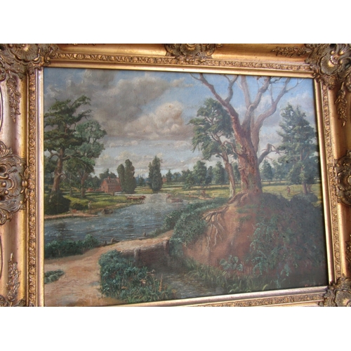 1328 - Riverscape with Trees Beyond Signed Indistinctly Lower Right Oil on Canvas Approximately 16 Inches H... 