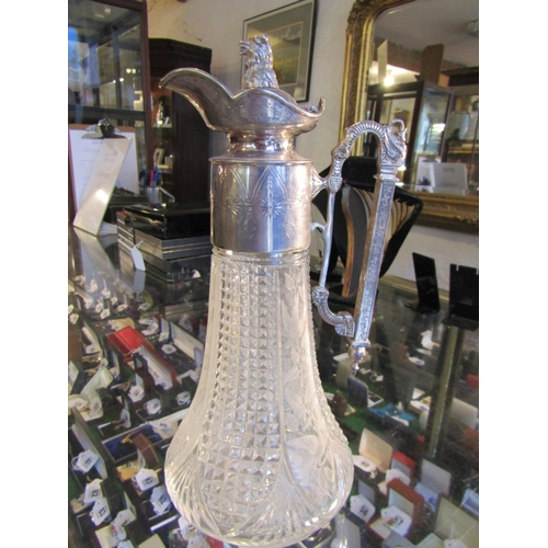 1343 - Large Edwardian Hobnail Cut Crystal and Silver Plated Claret Jug Approximately 14 Inches High with U... 