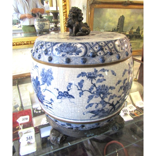 1349 - Large Oriental Blue and White Jardinere with Cover Bronze Mounts Approximately 10 Inches Diameter x ... 