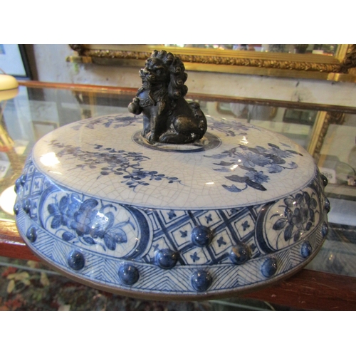 1349 - Large Oriental Blue and White Jardinere with Cover Bronze Mounts Approximately 10 Inches Diameter x ... 