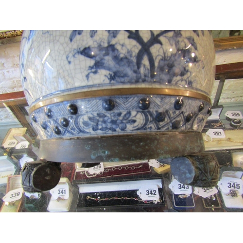 1349 - Large Oriental Blue and White Jardinere with Cover Bronze Mounts Approximately 10 Inches Diameter x ... 