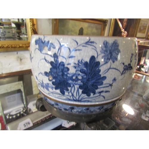 1349 - Large Oriental Blue and White Jardinere with Cover Bronze Mounts Approximately 10 Inches Diameter x ... 