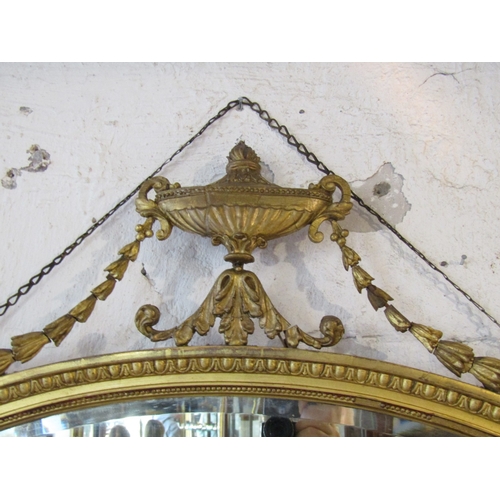 1351 - Antique Adams Form Gilded Oval Mirror with Upper Urn and Swag Motif Decoration Approximately 40 Inch... 