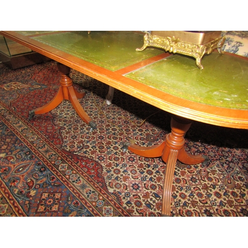 1355 - Yew Wood Oval From Coffee Table Green Leather Inset Above Twin Tripod Bases Approximately 50 Inches ... 