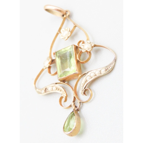 136 - Finely Detailed Peridot and Seed Pearl Set Pendant Mounted in 9 Carat Yellow Gold 4cm Drop