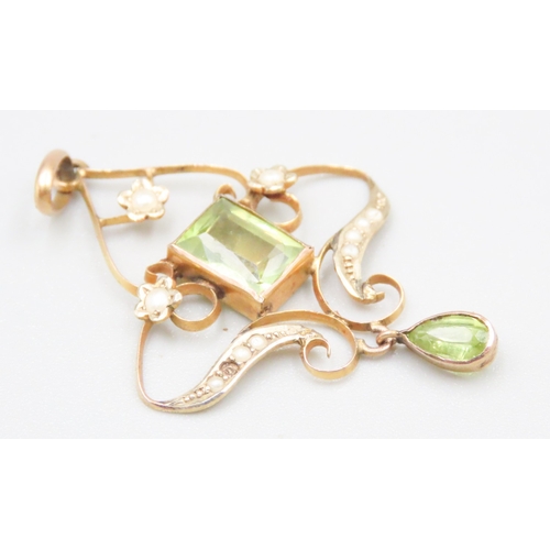 136 - Finely Detailed Peridot and Seed Pearl Set Pendant Mounted in 9 Carat Yellow Gold 4cm Drop