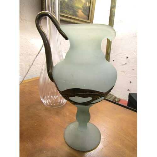 1362 - Art Glass Ewer with Bronze Mounts and Handle Engraved Signature to Base Approximately 14 Inches High