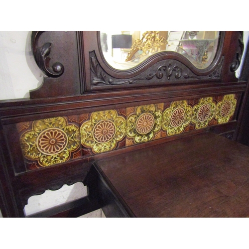 1368 - Antique Mahogany Mirror and Tile Inset Hall Stand Original Drip Trays Present Single Drawer Well Car... 