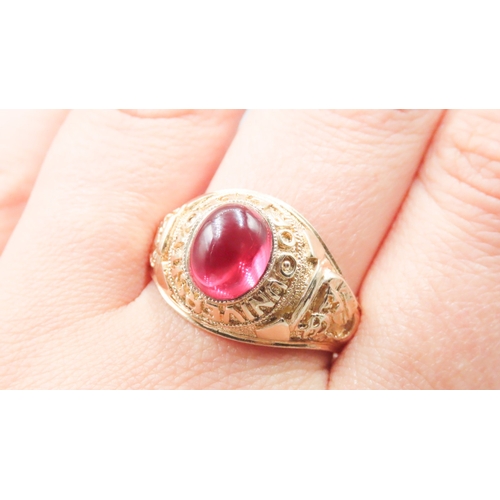 138 - 9 Carat Yellow Gold College Ring Set with Cabochon Cut Synthetic Ruby Attractively Detailed Ring Siz... 