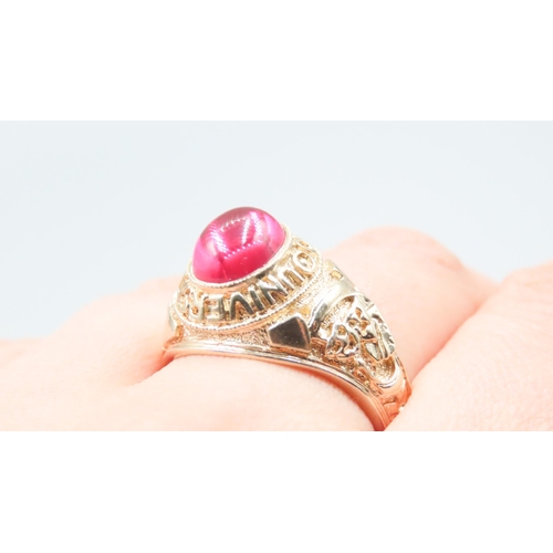 138 - 9 Carat Yellow Gold College Ring Set with Cabochon Cut Synthetic Ruby Attractively Detailed Ring Siz... 