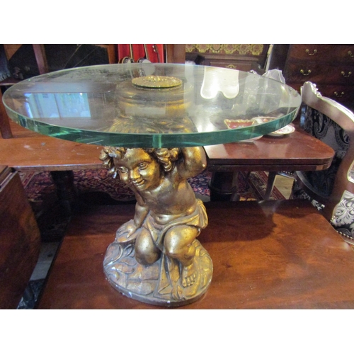 1382 - Circular Form Plate Glass Occasional Table or End Table with Cherub Motif Central Column Support Gil... 