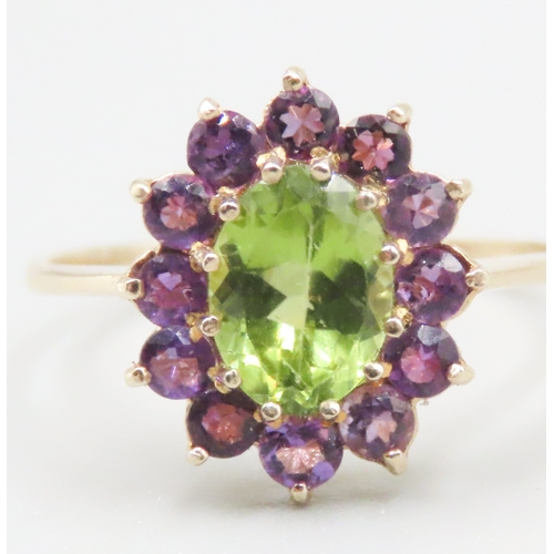 139 - Peridot and Amethyst Set Cluster Ring Mounted in 9 Carat Yellow Gold Ring Size N and a Half As New U... 